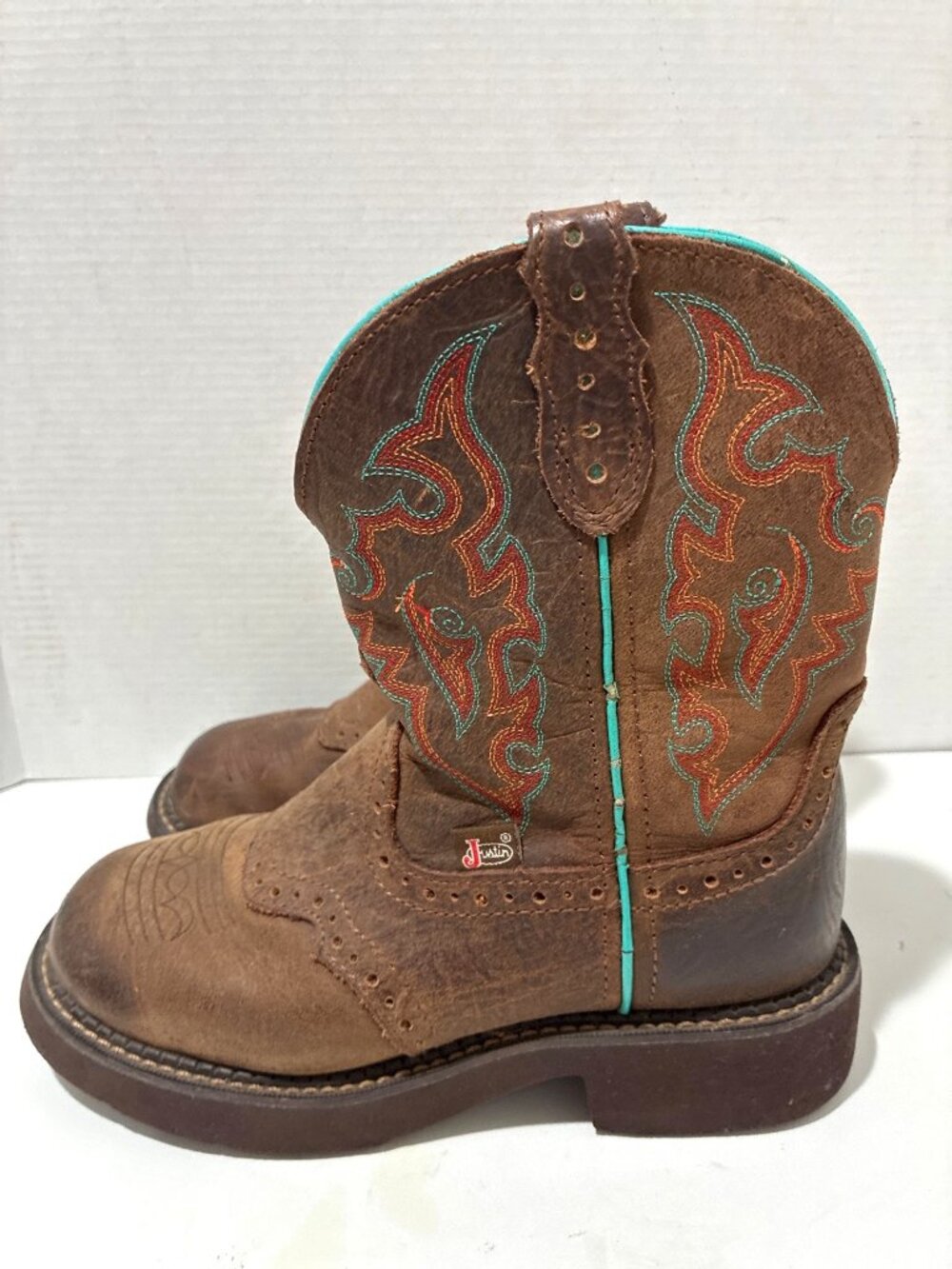 Justin Gypsy western boots leather Brown turquoise piping orange-teal shaft sz 6